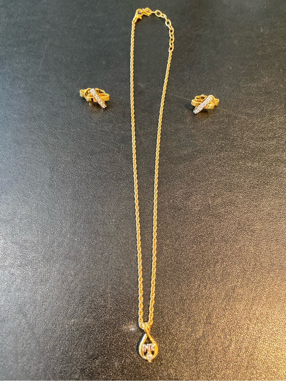 Nina Ricci Gold Plated Pendant, Chain & Ribbon Stud Earrings w/ Crystal Accents